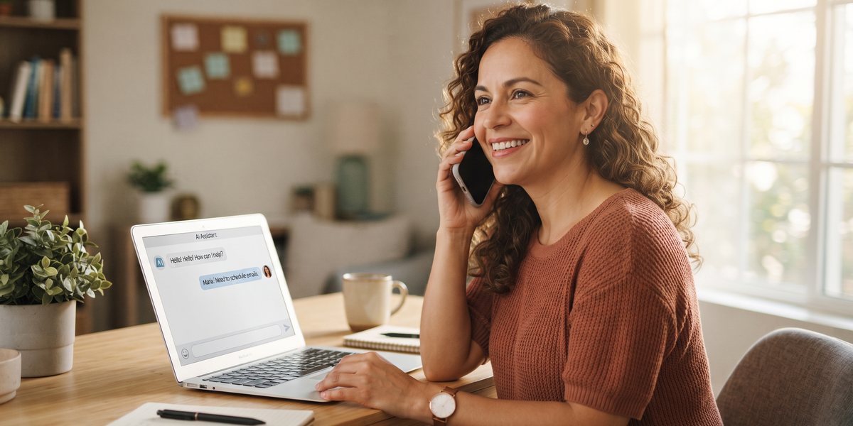 A smiling business owner on the phone at a desk with a laptop showing a simple AI chat assistant