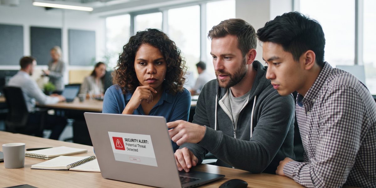 Three colleagues looking seriously at a laptop showing a security alert
