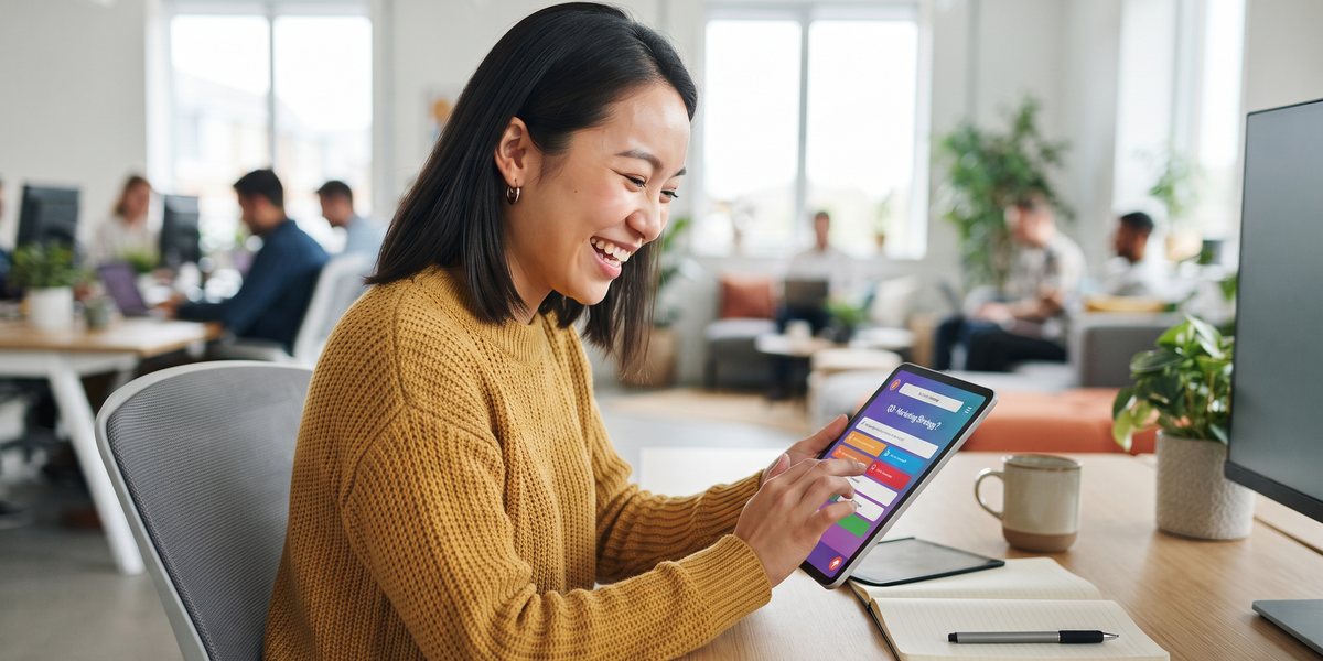 A young professional smiling while tapping through a quiz on a tablet