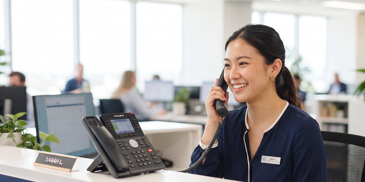 A smiling receptionist answering a modern colour-screen iPECS desk phone