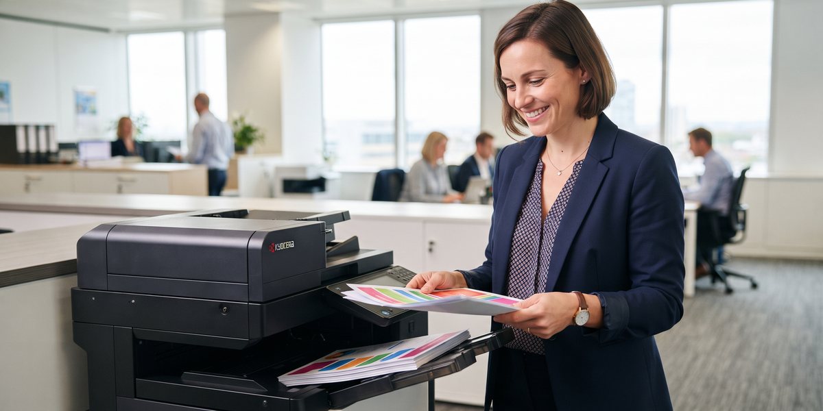A smiling office worker collecting colour prints from a Kyocera multifunction printer