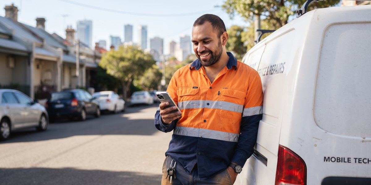 A tradesperson smiling at their phone beside a work van with a Sydney skyline behind them