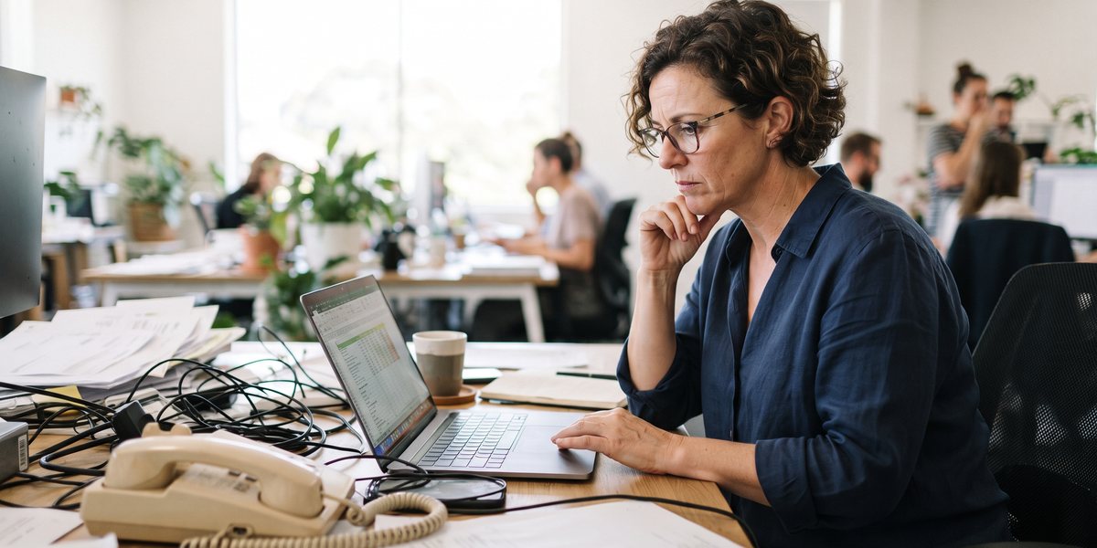 A business owner looking at an old desk phone tangled in cables next to a laptop