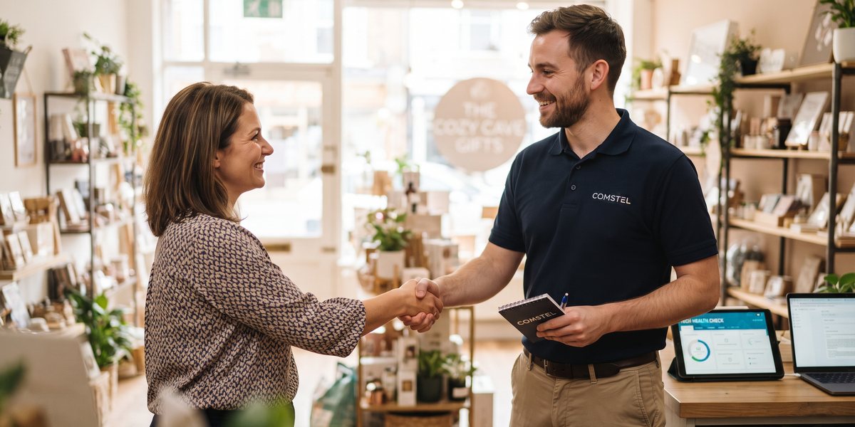 A friendly Comstel consultant shaking hands with a small business owner in their shop
